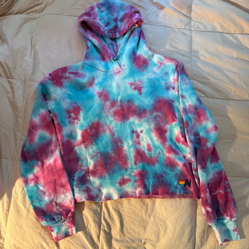 Aviator Nation Pink and Blue Tie-Dye cropped Hoodie